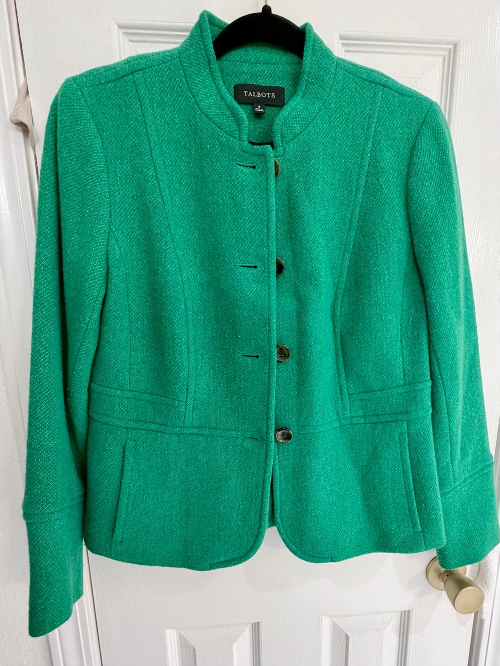 Talbots Bright Green Textured Wool Blend Button-Front Blazer